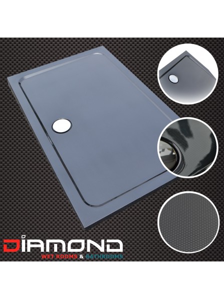 Diamond 35mm 1400 x 800 Black Carbon Fibre Effect Rectangle Stone Shower Tray. Central Waste - DC1480R